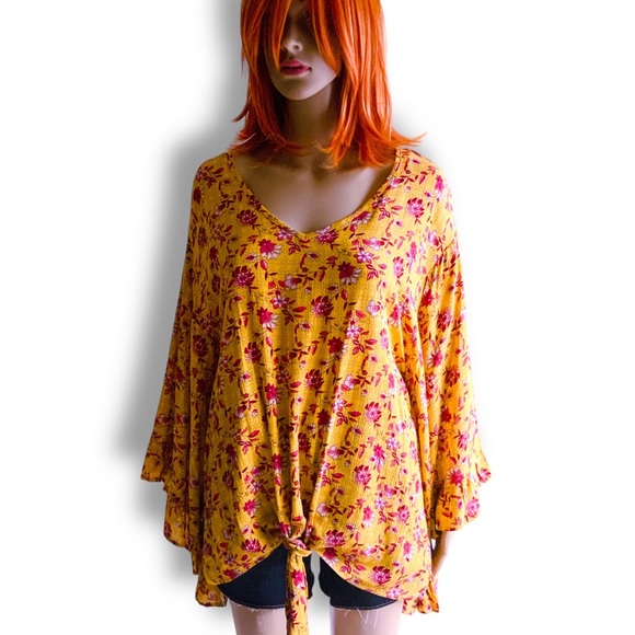 HPx2 Mustard Red Floral Tunic Relaxed Fit Ruffle Butterfly Sleeves Tie Waist SML - Picture 15 of 16